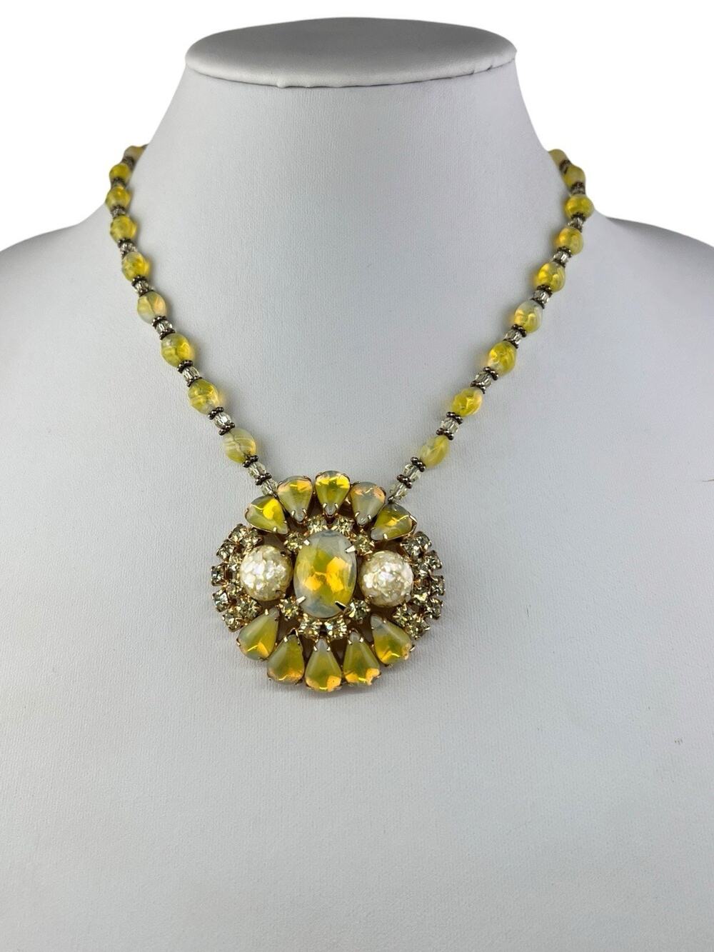 Vintage Yellow & Gold Tone Confetti Rhinestone Repurposed Necklace GF Clasp 17"